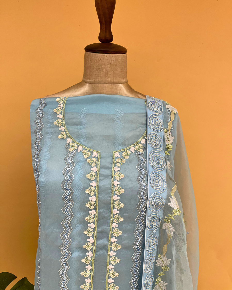 Organza Chikankari Unstitsched Kurta And Dupatta Set- Polar Wind