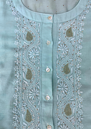 Chikankari Semistitched Chanderi Co-ord Set - Aqua Blue