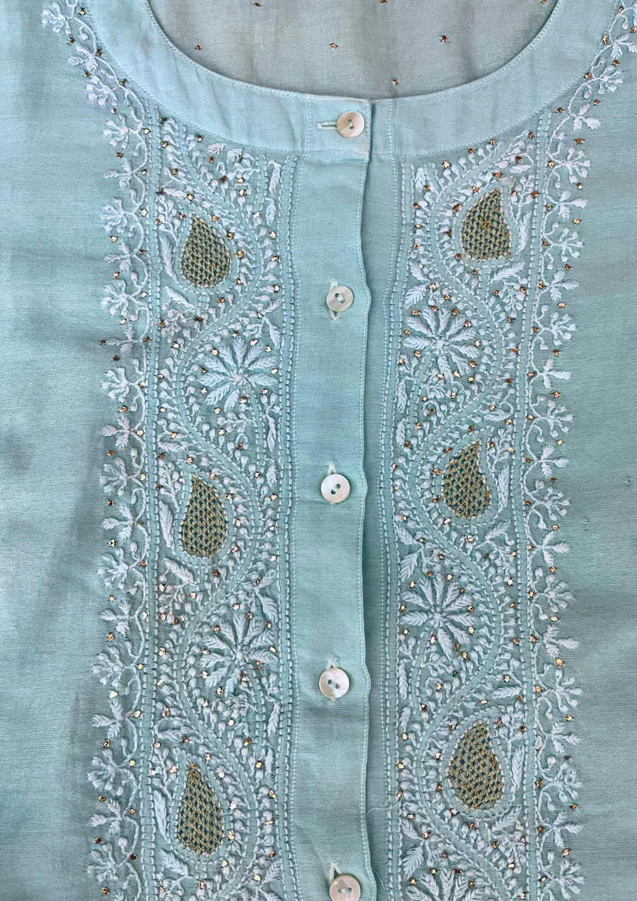 Chikankari Semistitched Chanderi Co-ord Set - Aqua Blue