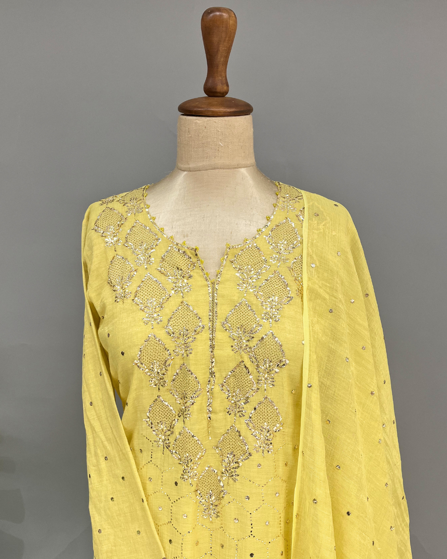 Tissue Chikankari Muqaish Suit Set - Sunflower Yellow
