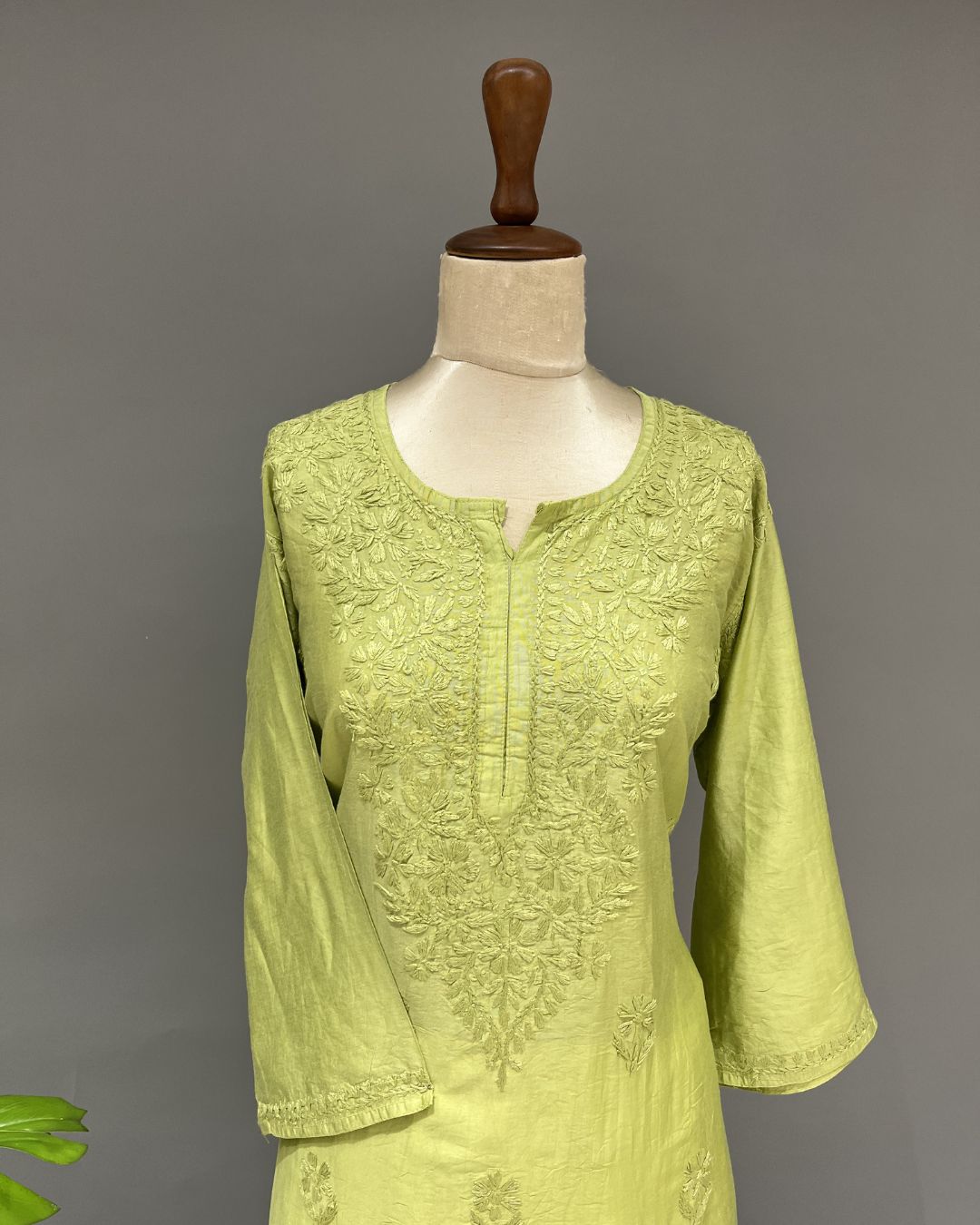 Chanderi Chikankari Long Kurti - Parrot Green