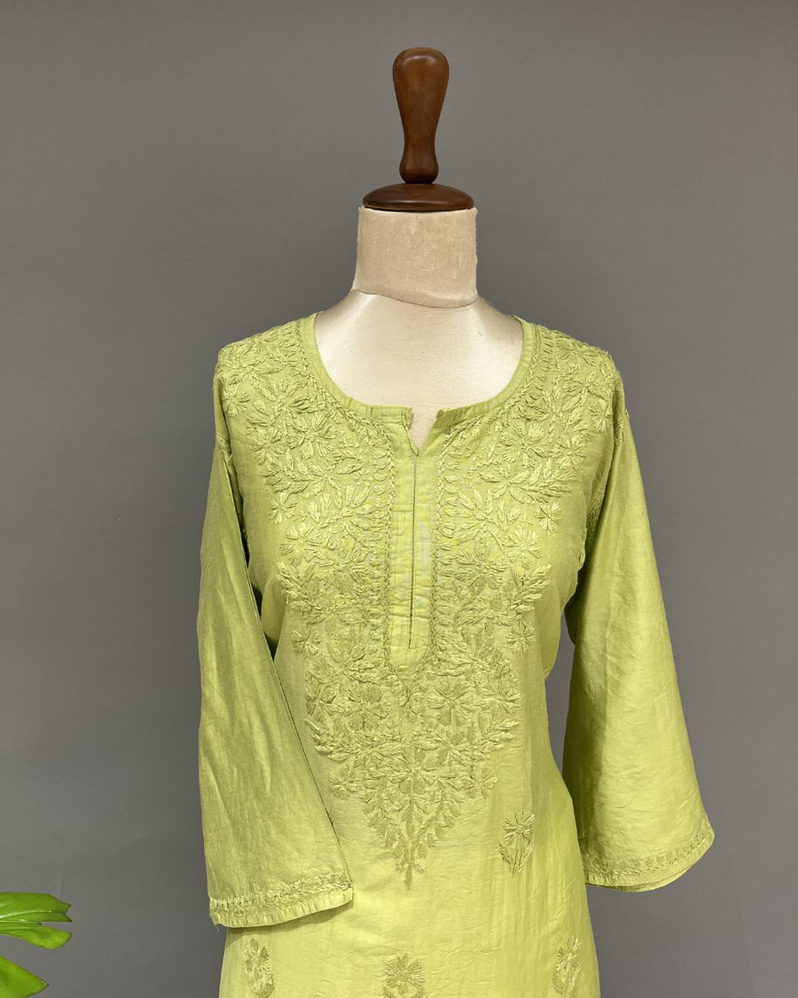 Chanderi Chikankari Long Kurti - Parrot Green