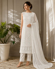 Viscose Chikankari Unstitched Suit Set - White