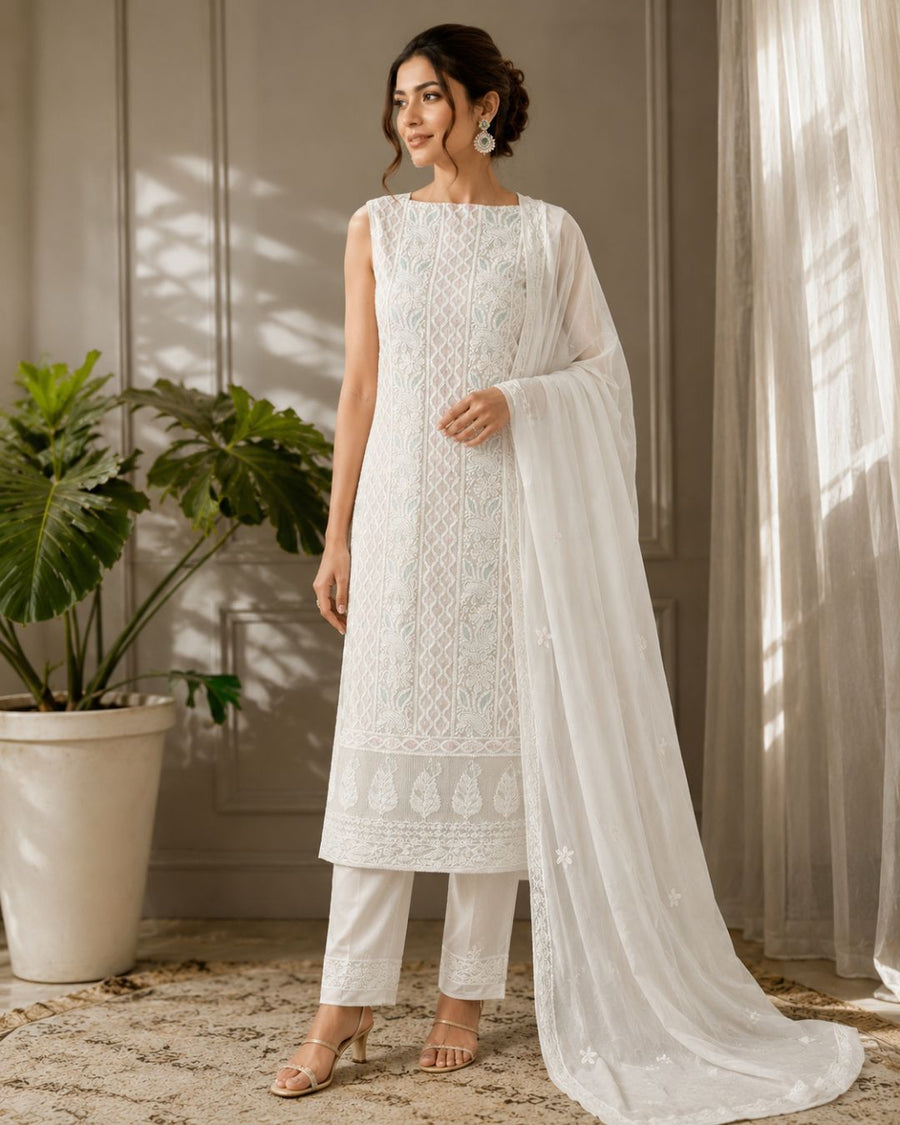 Viscose Chikankari Unstitched Suit Set - White