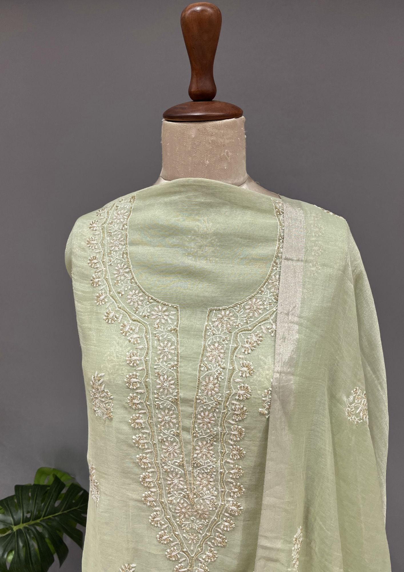 Tissue Chikankari Unstitch 2pc Suit - Mint Green