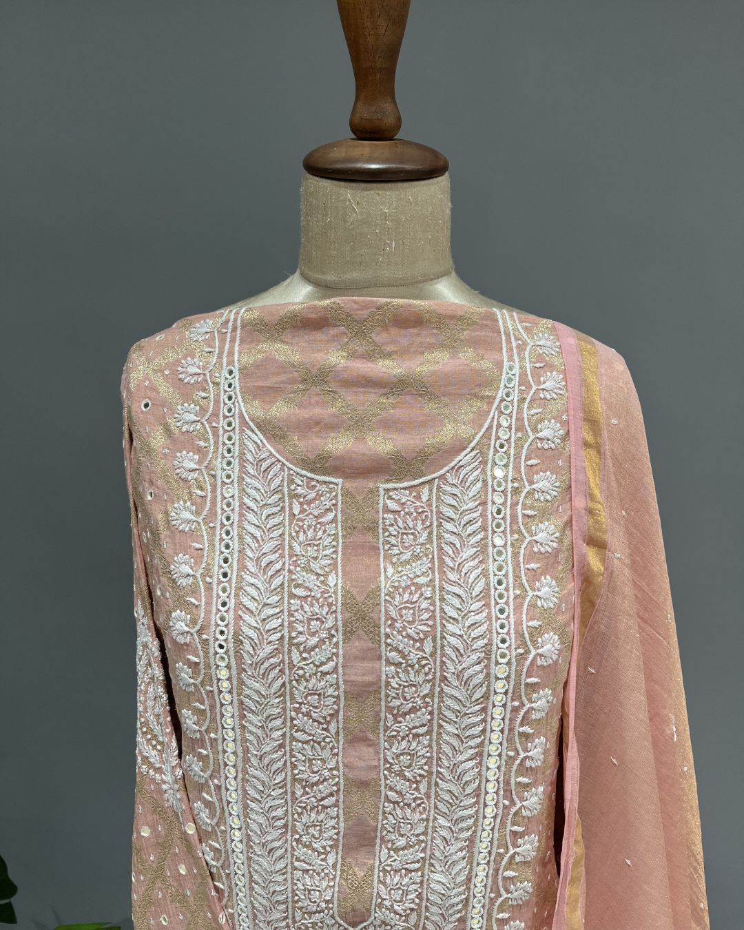 Banarsi Chanderi Chikankari Semistitch 2pc Suit - Rose Gold