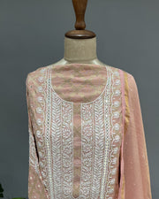 Banarsi Chanderi Chikankari Semistitch 2pc Suit - Rose Gold