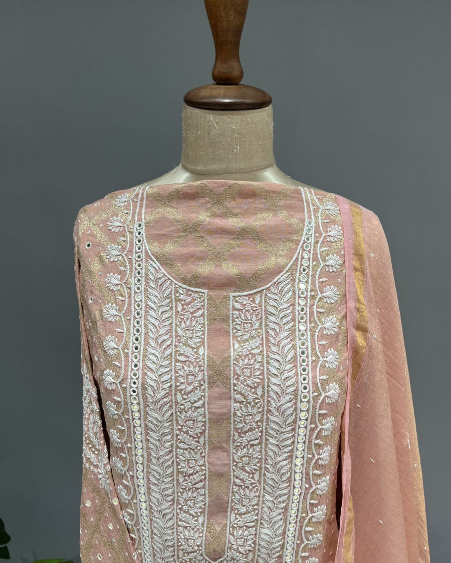 Banarsi Chanderi Chikankari Semistitch 2pc Suit - Rose Gold