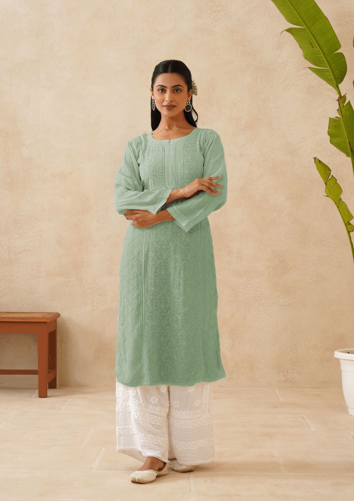 Crepe Georgette Long Kurti - Ombre Sea Green