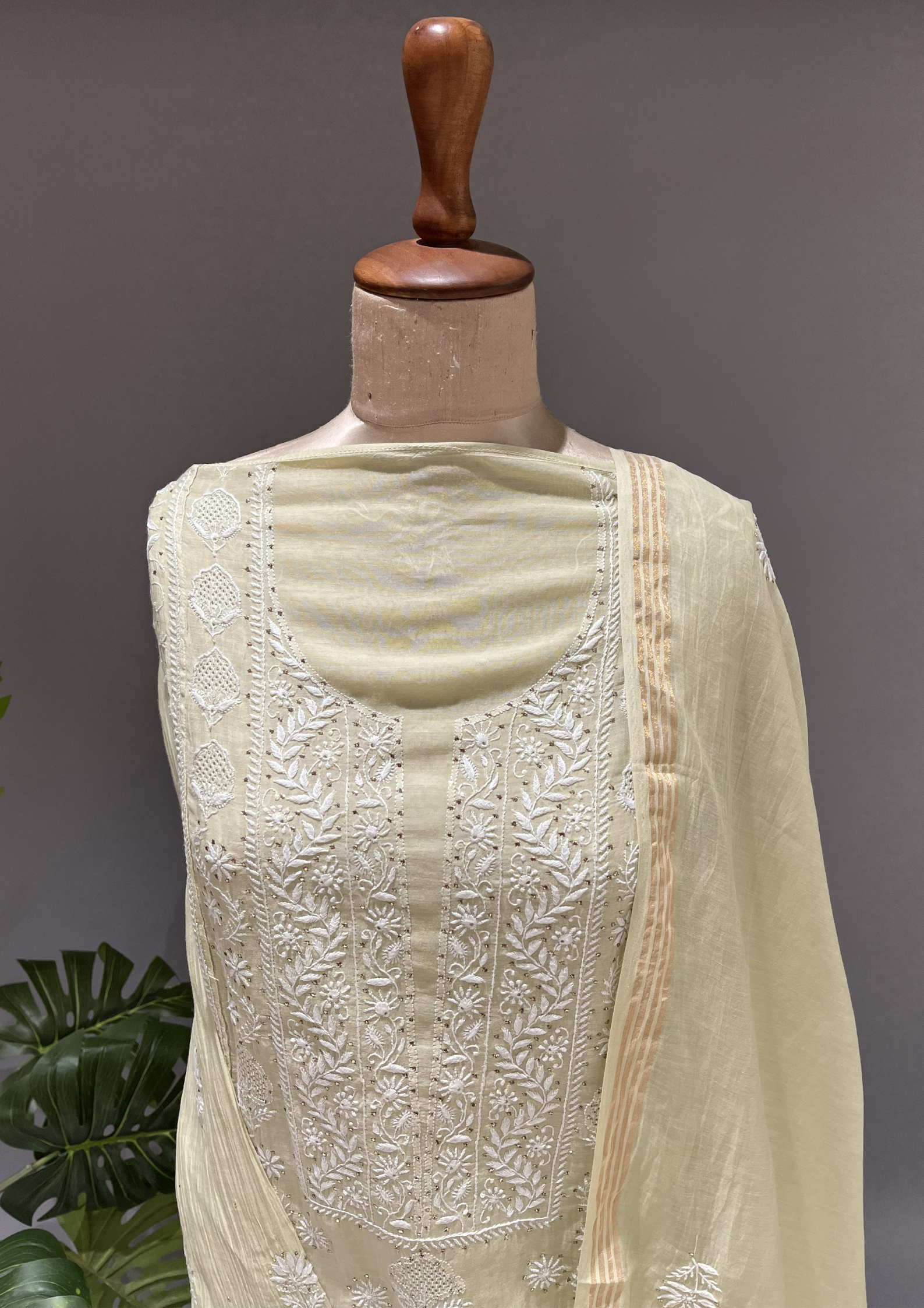 Chikankari Mul Unstitched Kurta And Dupatta Set  - Sage Green