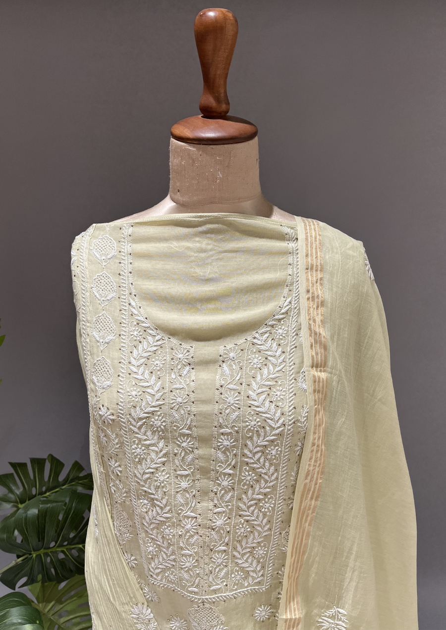 Chikankari Mul Unstitched Kurta And Dupatta Set  - Sage Green