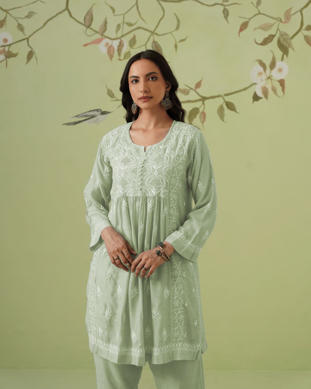 Muslin Chikankari Co-ord Set - Sage Green