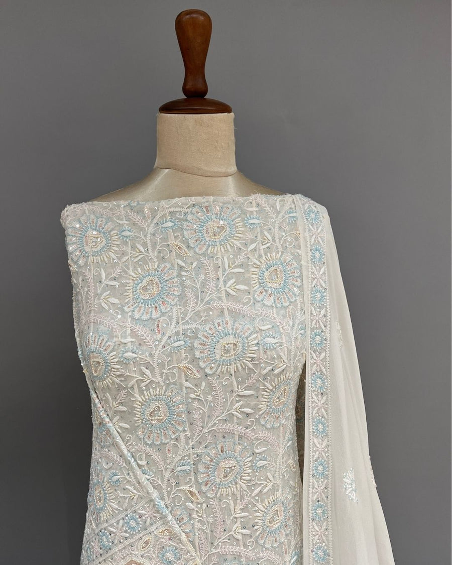 Pure Georgette Chikankari Unstitched Anarkali - Multicolour