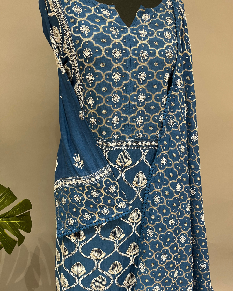 Mul Chanderi Chikankari Suit Set - Midnight Blue