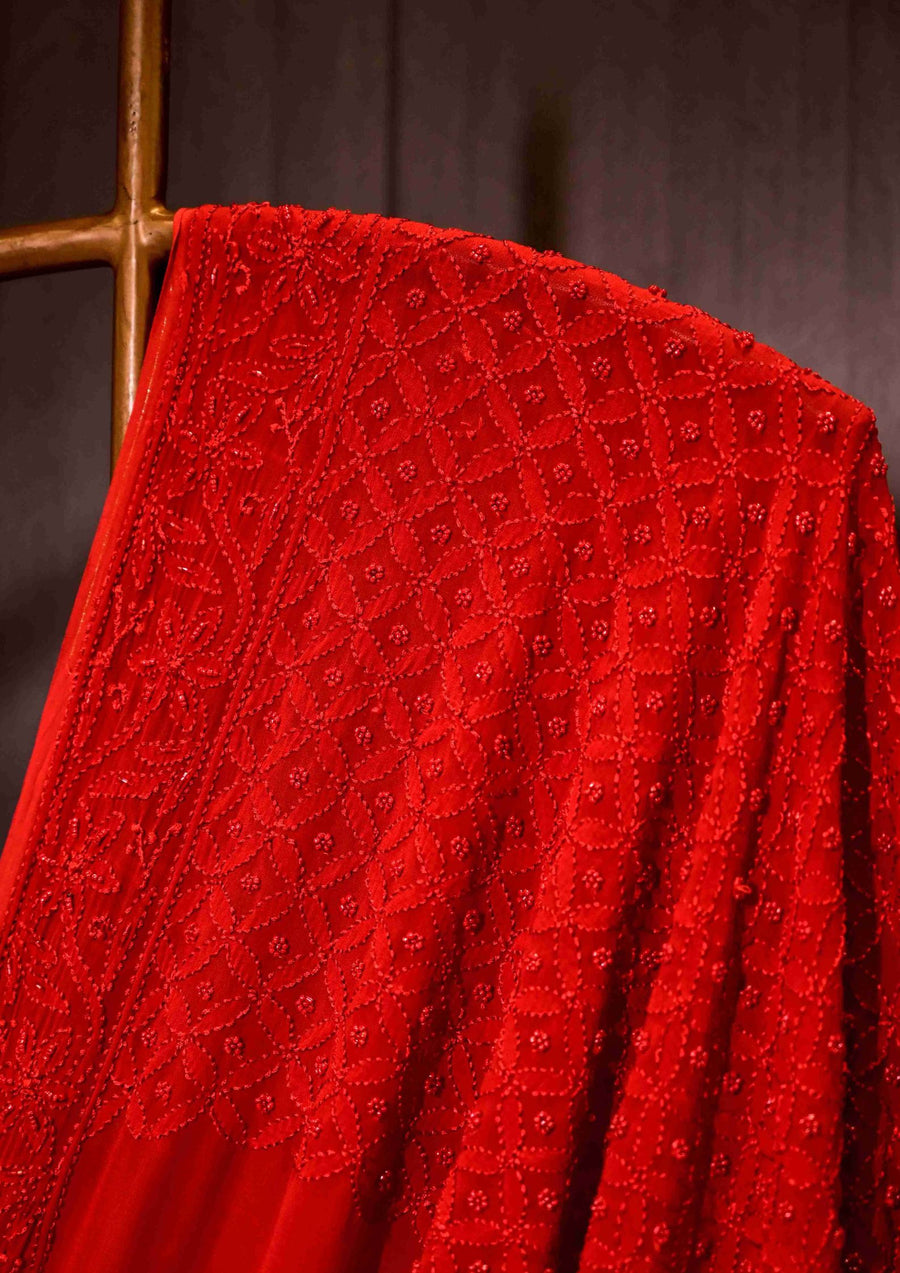 Georgette Chikankari Saree in Red - sc2423544