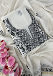 Chikankari Mul Chanderi Unstitched Suit - White and Black