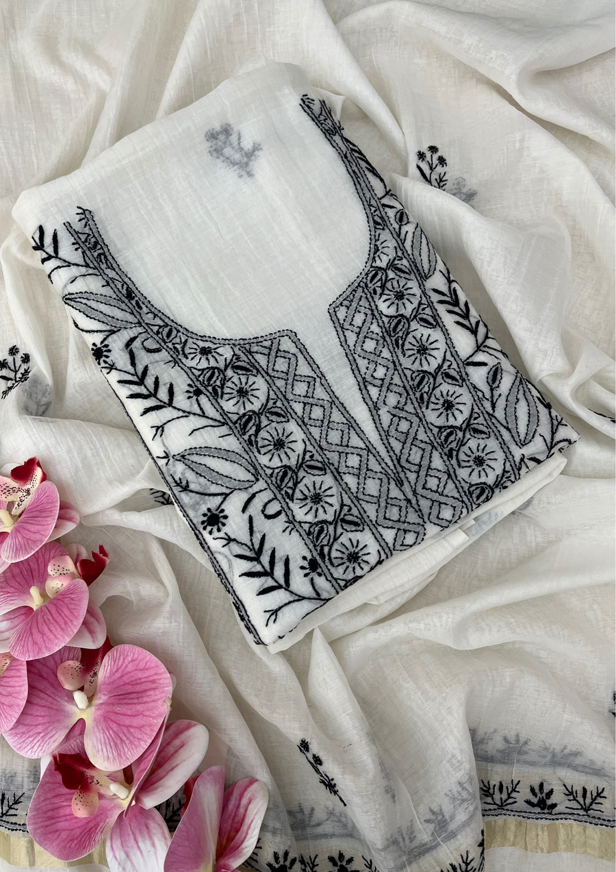 Chikankari Mul Chanderi Unstitched Suit - White and Black