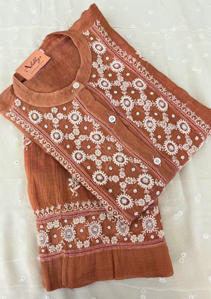 Chikankari Semistitched Tissue Co-ord Set -Caramel Brown