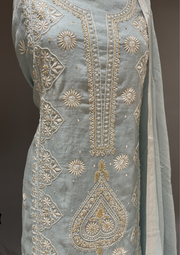 Chikankari Tissue Unstitched Kurta & Dupatta Set - Powder Blue
