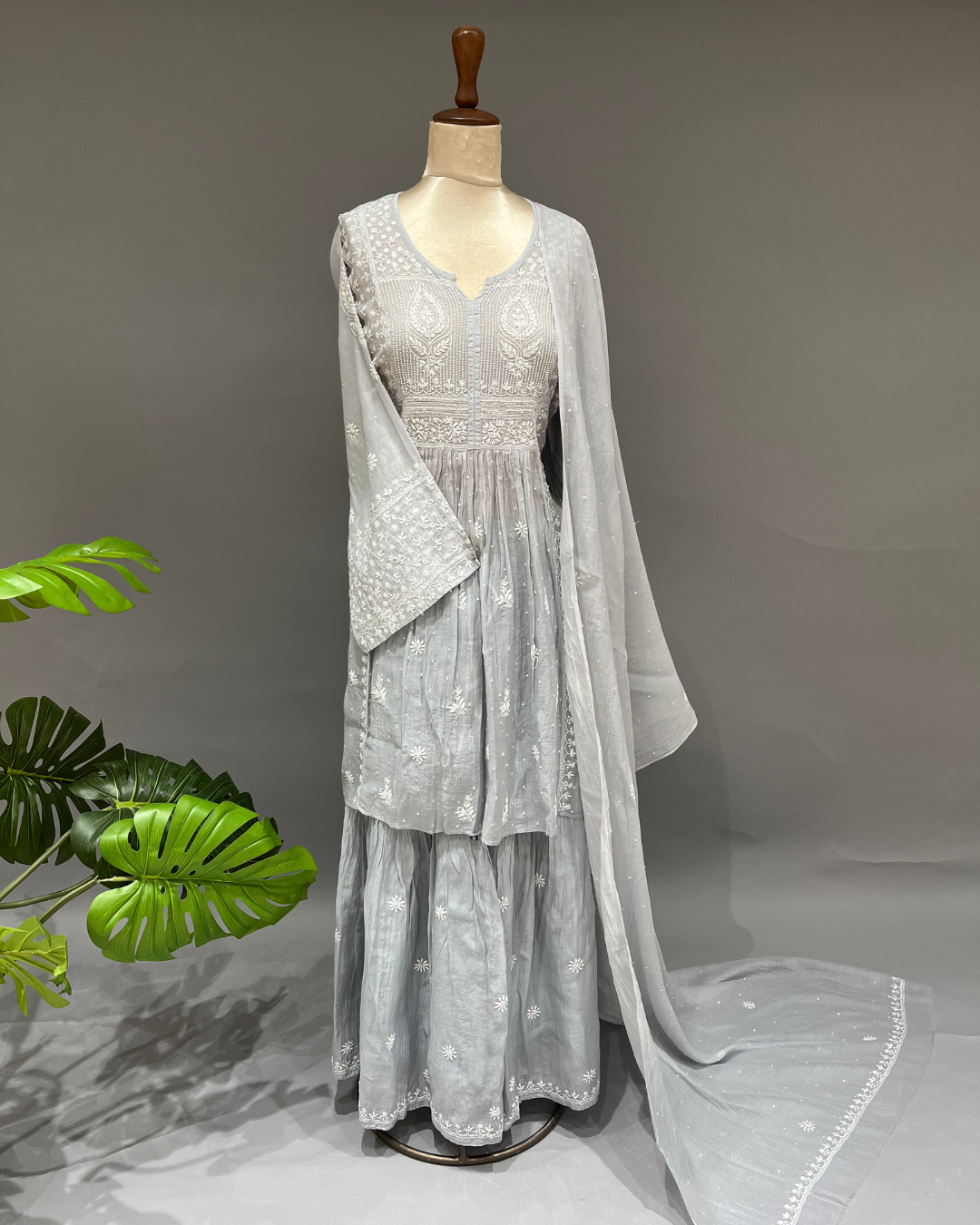 Mul Chikankari Sharara Set - Greyish Blue