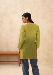 Muslin Chikankari Short Kurti - Ombre Warm Olive