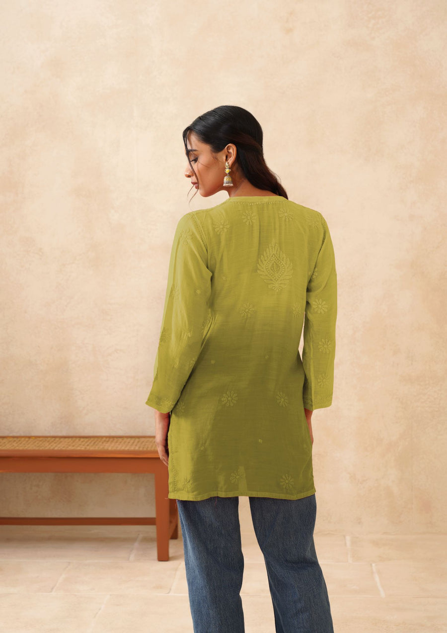 Muslin Chikankari Short Kurti - Ombre Warm Olive