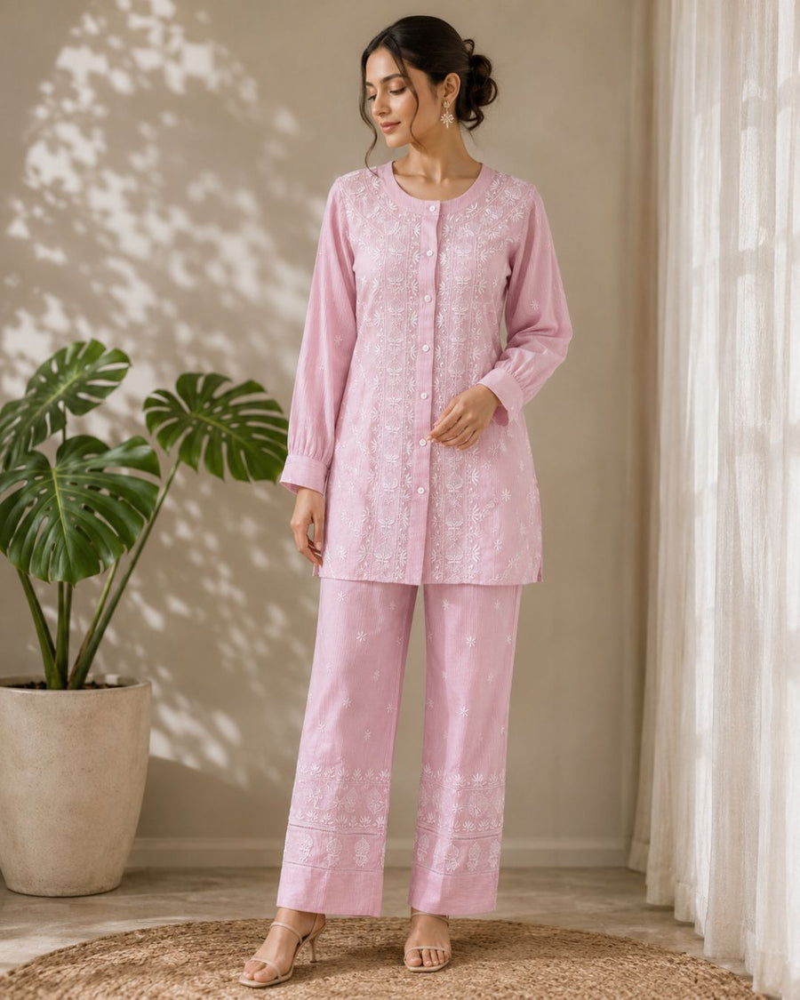 Maheshwari Chanderi Chikankari Co ord set - Mauve
