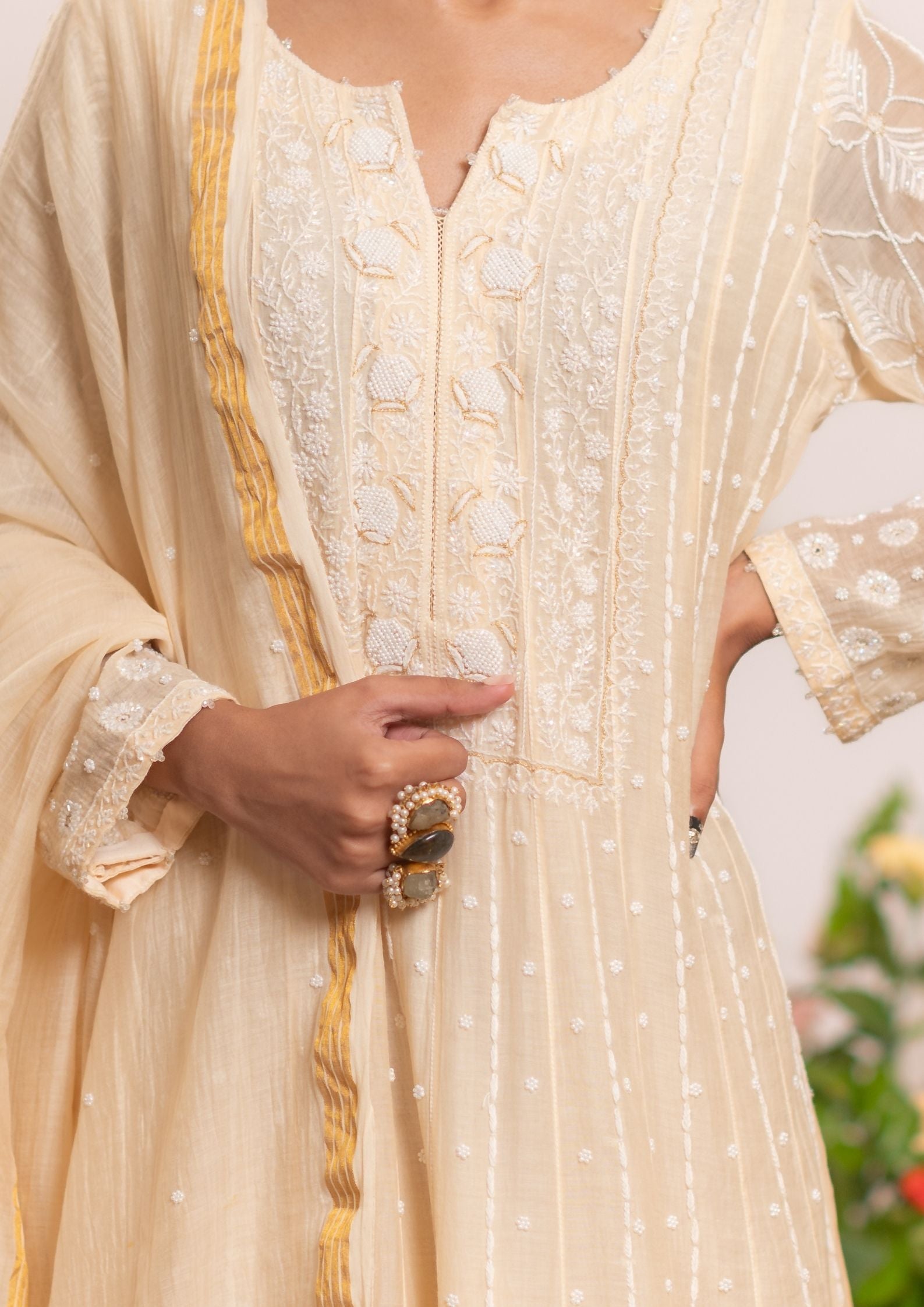 Mul Chanderi Chikankari Anarkali - Beige