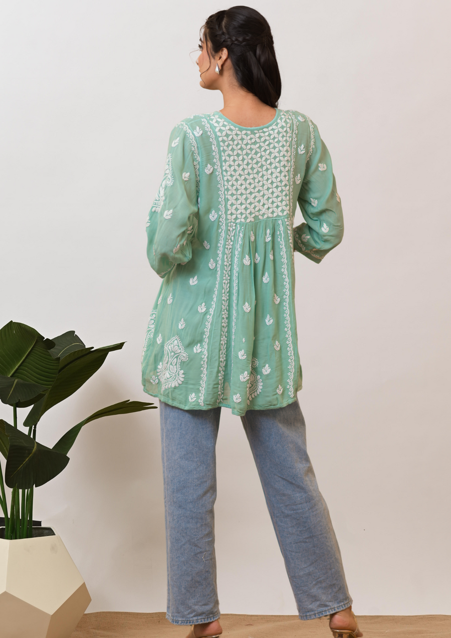 Modal Chikankari Short Kurti - Jade Green