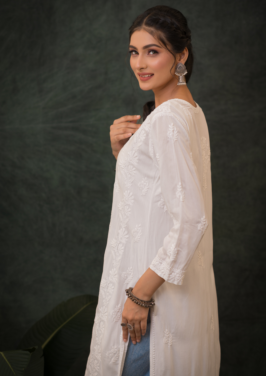 Modal Chikankari Long Kurti - Pure White