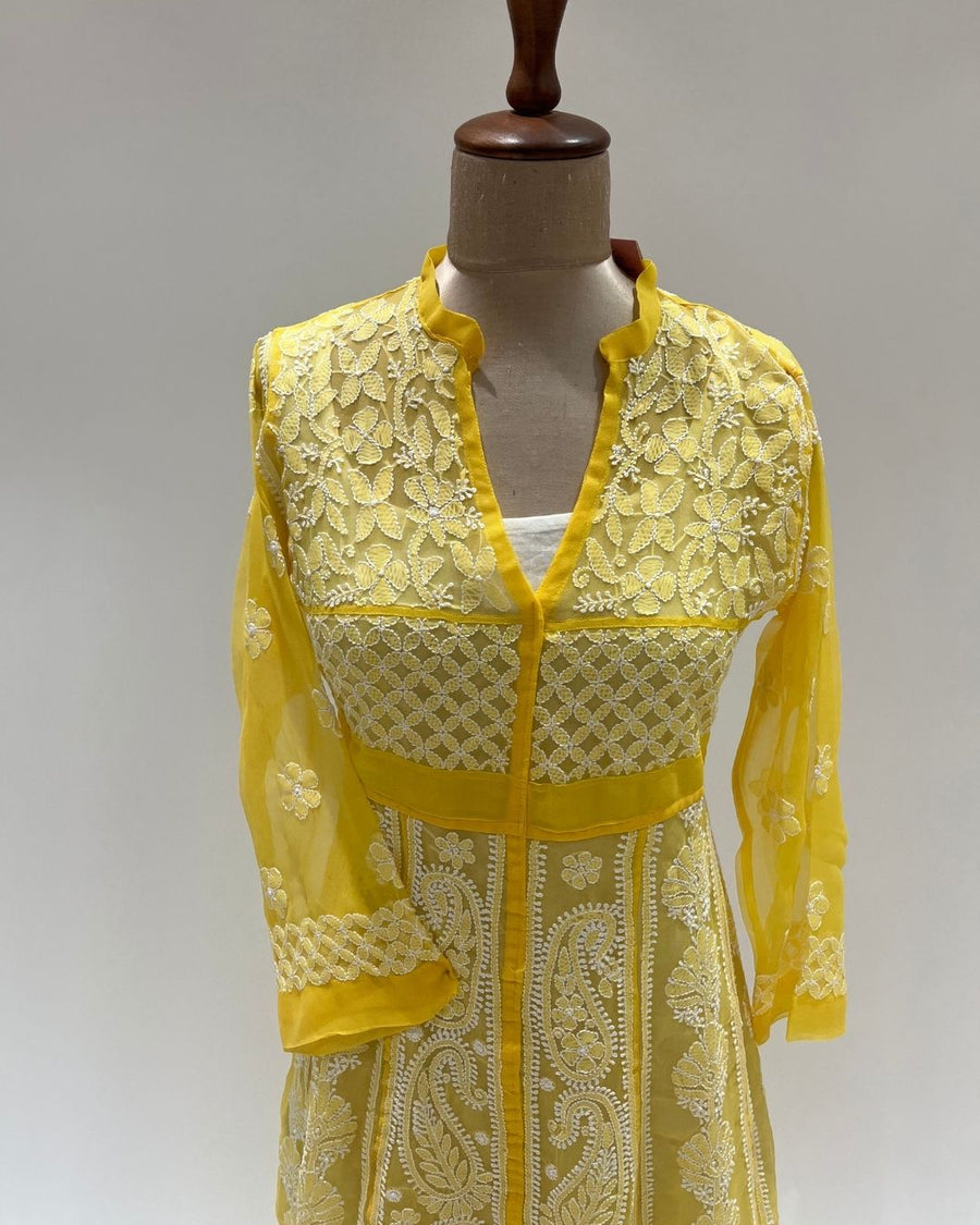 Georgette Anarkali Chikankari Kurta- Sunflower Yellow