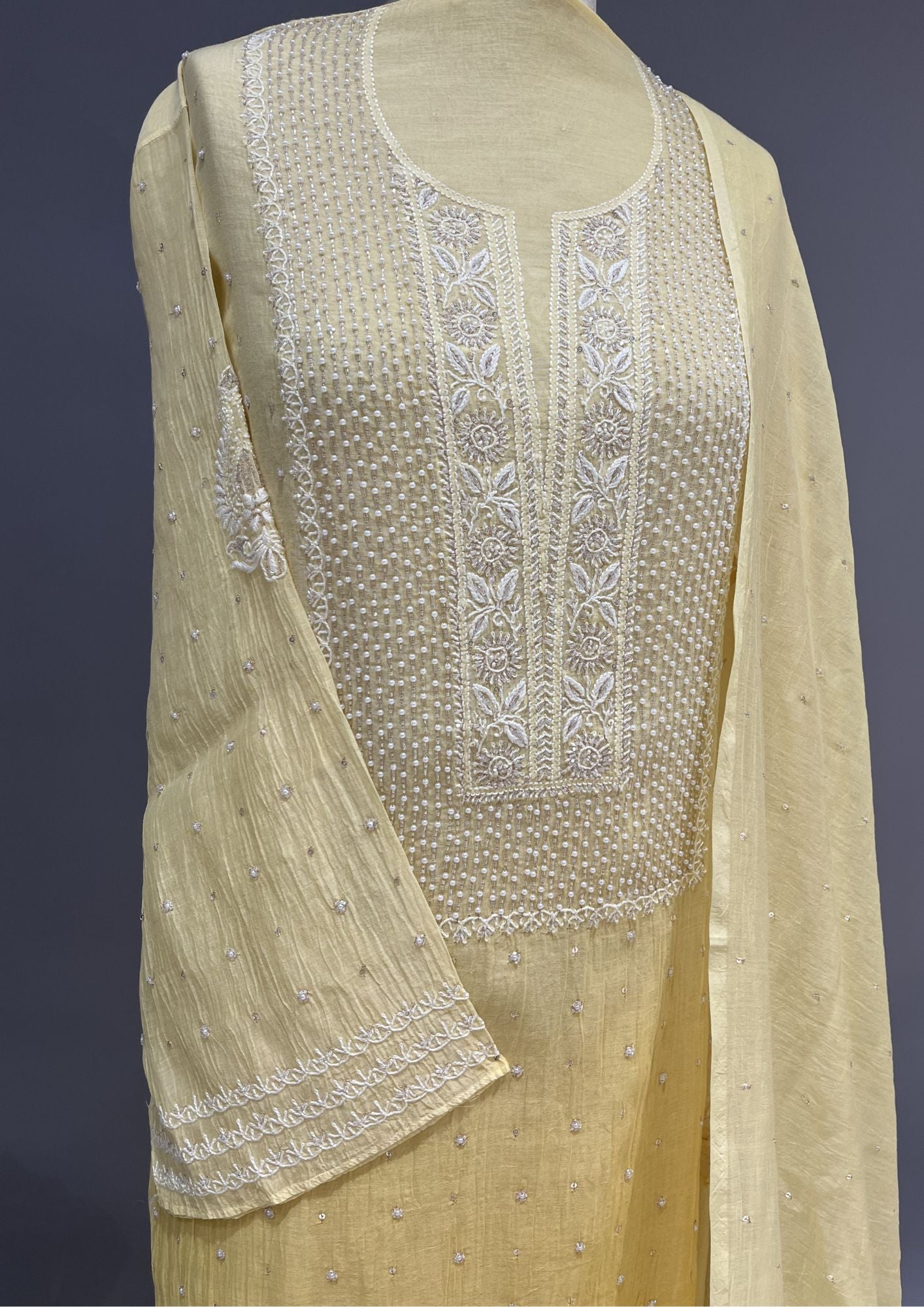 Mul Chanderi Chikankari Unstitch 2pc Suit - Yellow Ombre
