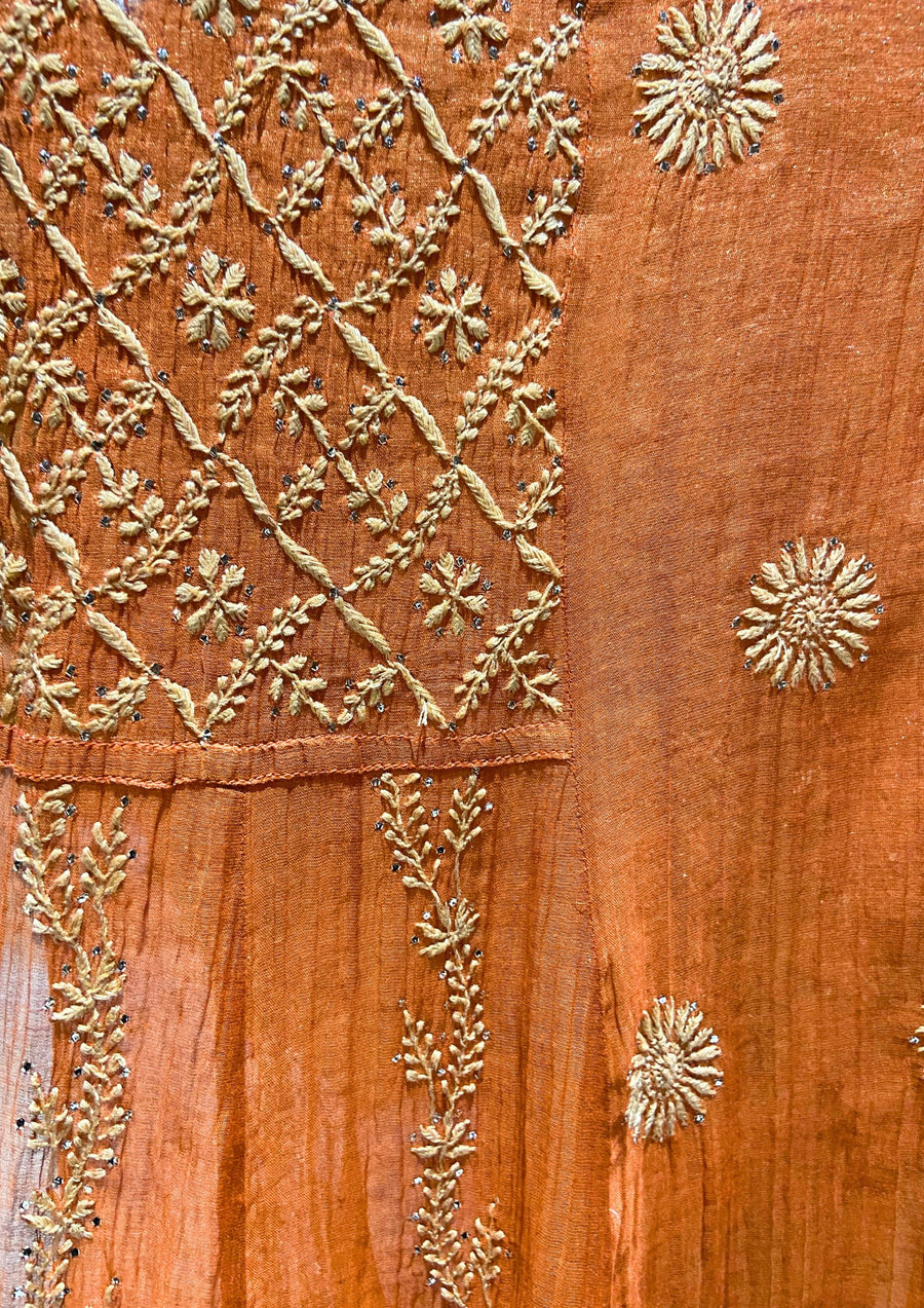 Tissue A-line Suit Set with Jaali - Burnt orange