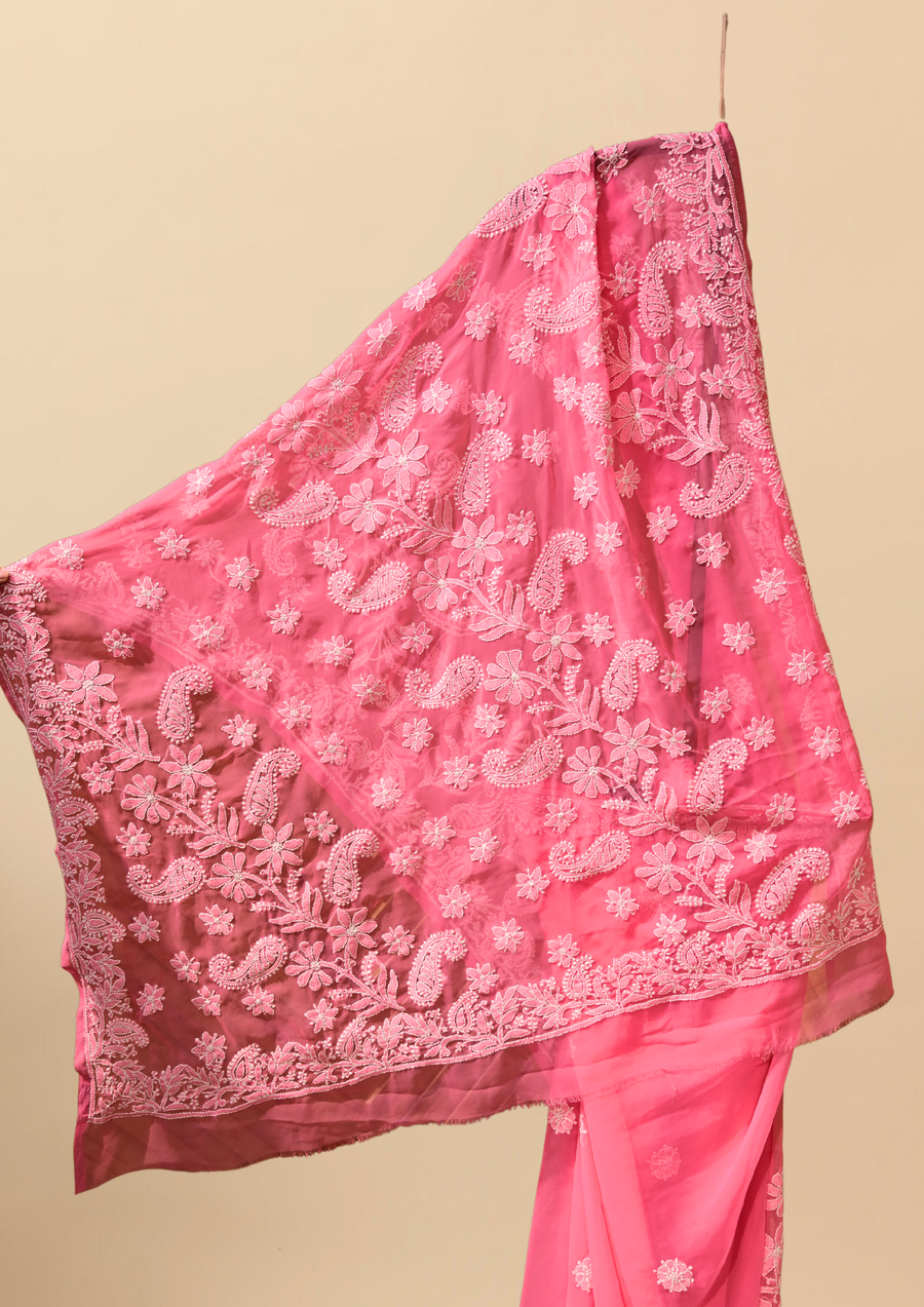 Georgette Chikankari Saree - Bright Pink