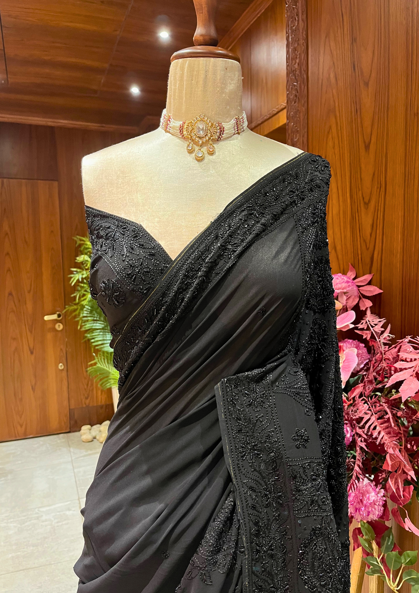Chikankari Vescouse Saree - Black