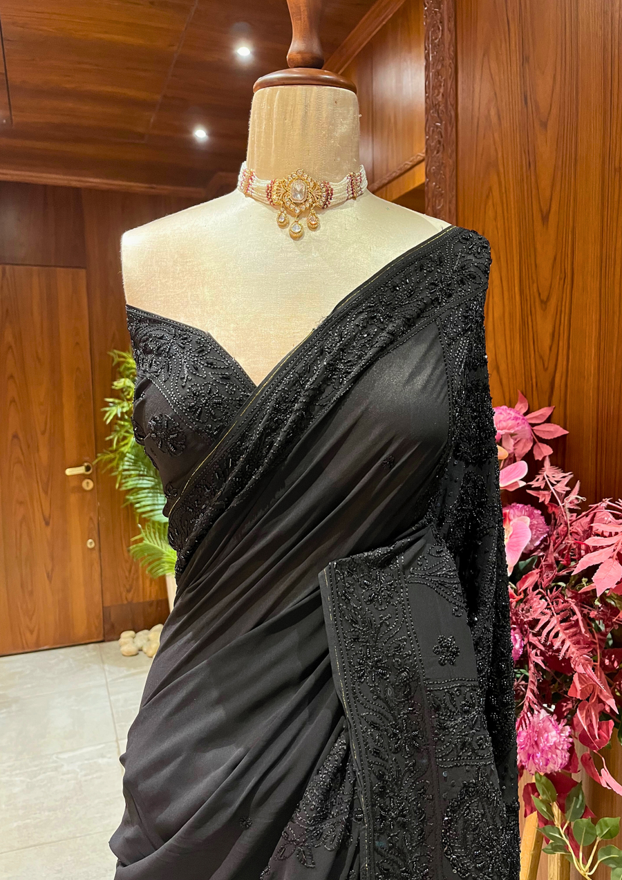 Chikankari Vescouse Saree - Black