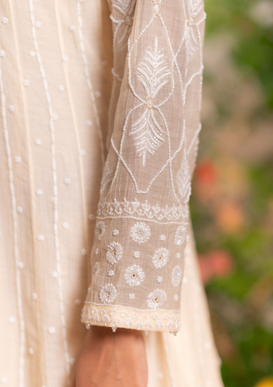 Mul Chanderi Chikankari Anarkali - Beige