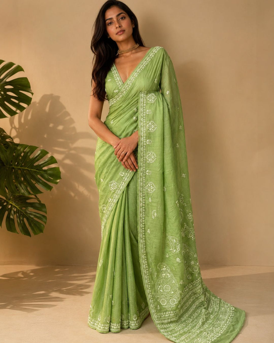 Tussar Silk Chikankari Saree - Limerick Green