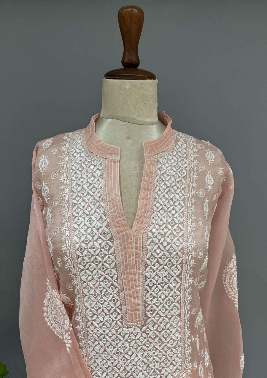 Organza Chikankari Semi Stitch Co-ord Set - Blush Peach