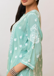 Modal Chikankari Short Kurti - Jade Green