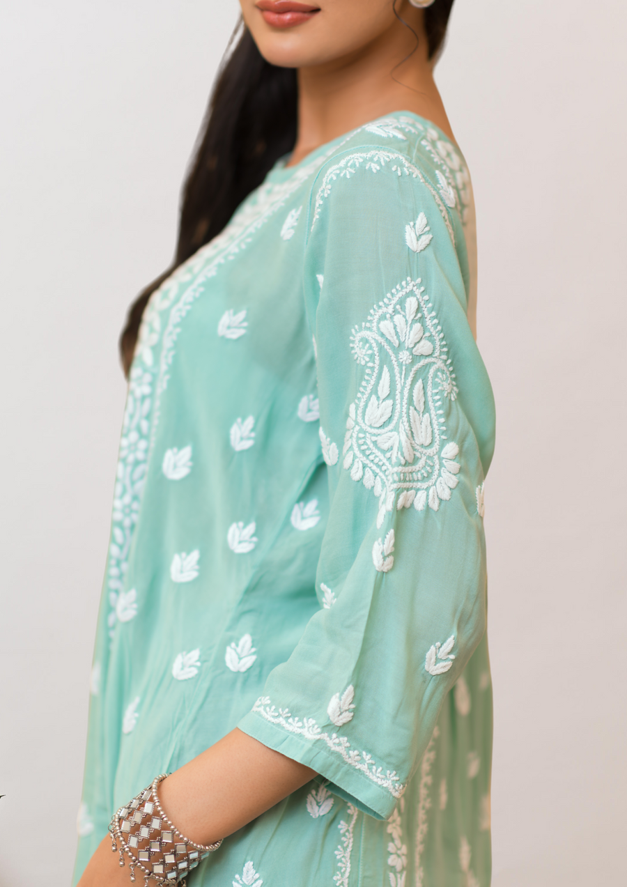 Modal Chikankari Short Kurti - Jade Green