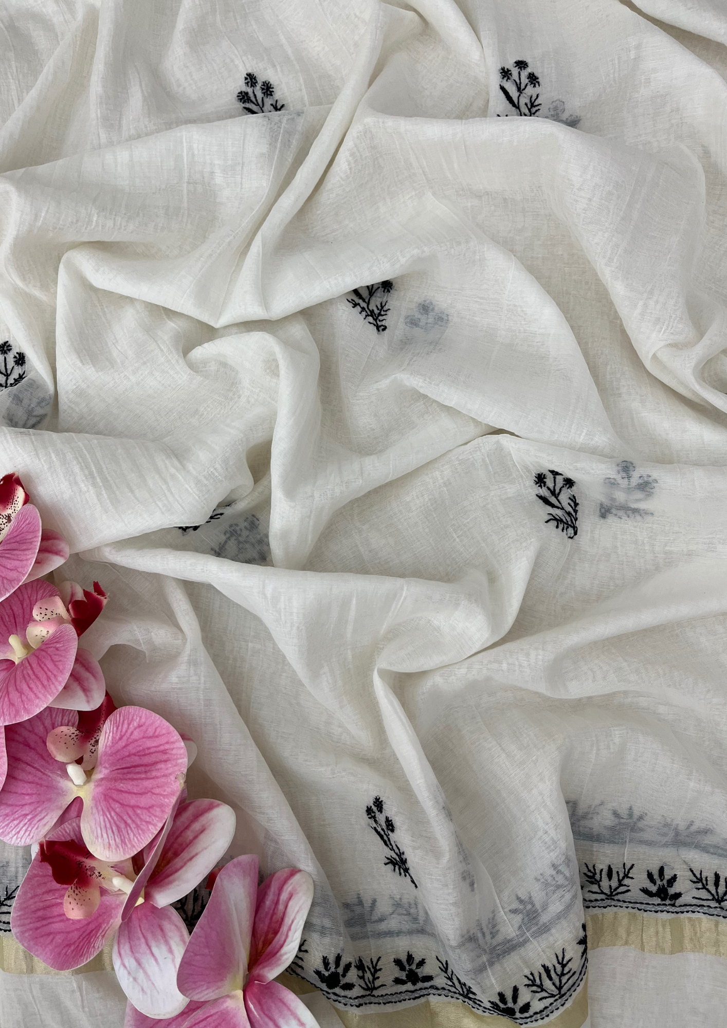 Chikankari Mul Chanderi Unstitched Suit - White and Black