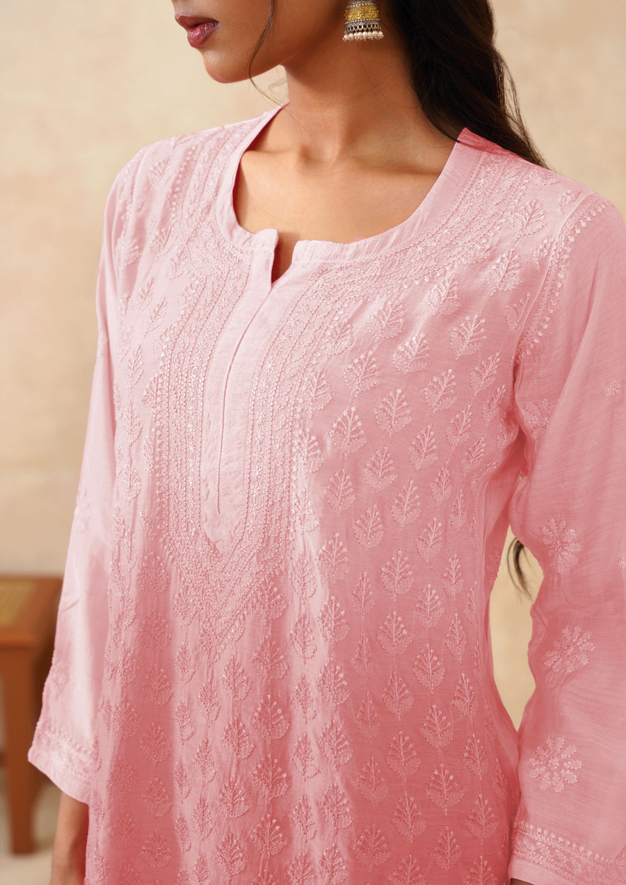 Muslin Chikankri Short Kurti - Ombre Flushing Pink