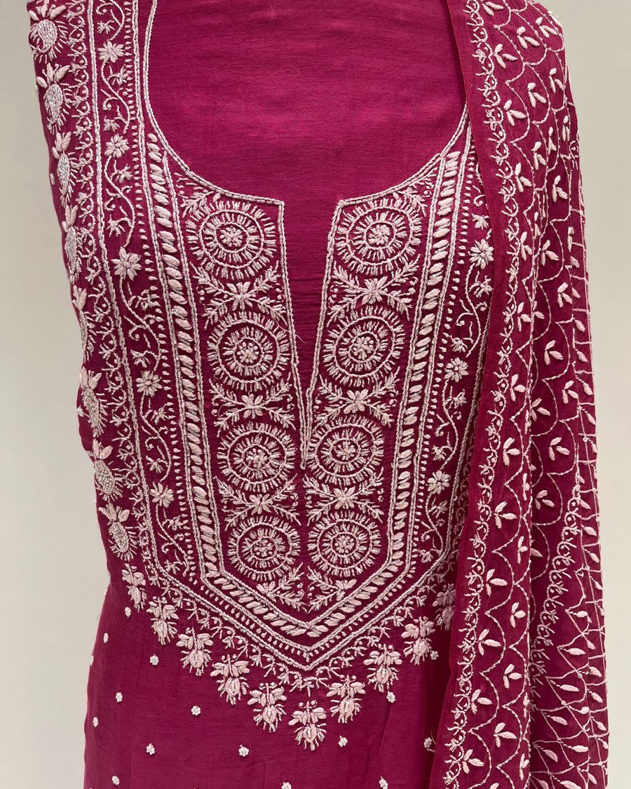 Mul Chikankari Unstitched 2pc Suit - Fuchsia Pink