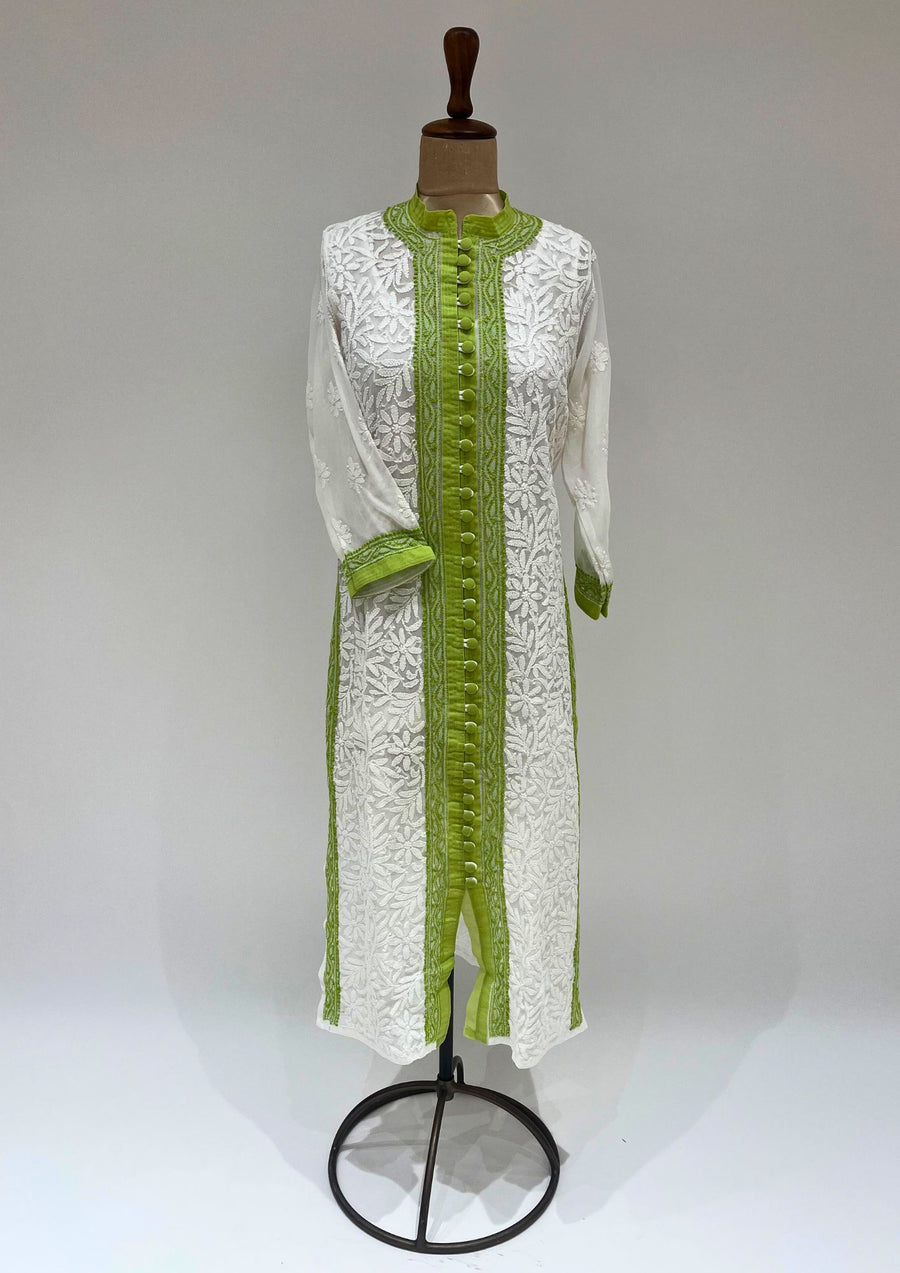 Georgette Chikankari Long Kurti - White and Green