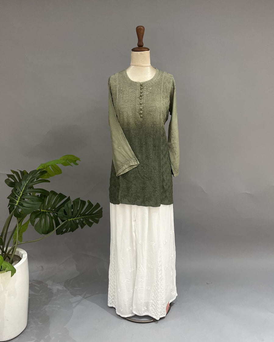 Muslin Chikankari Short Kurti - Olive Green