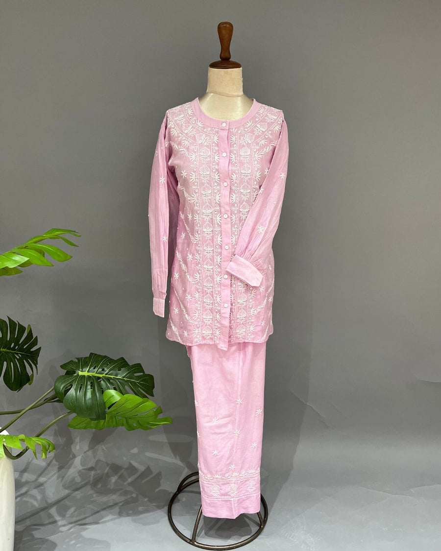 Maheshwari Chanderi Chikankari Co ord set - Mauve
