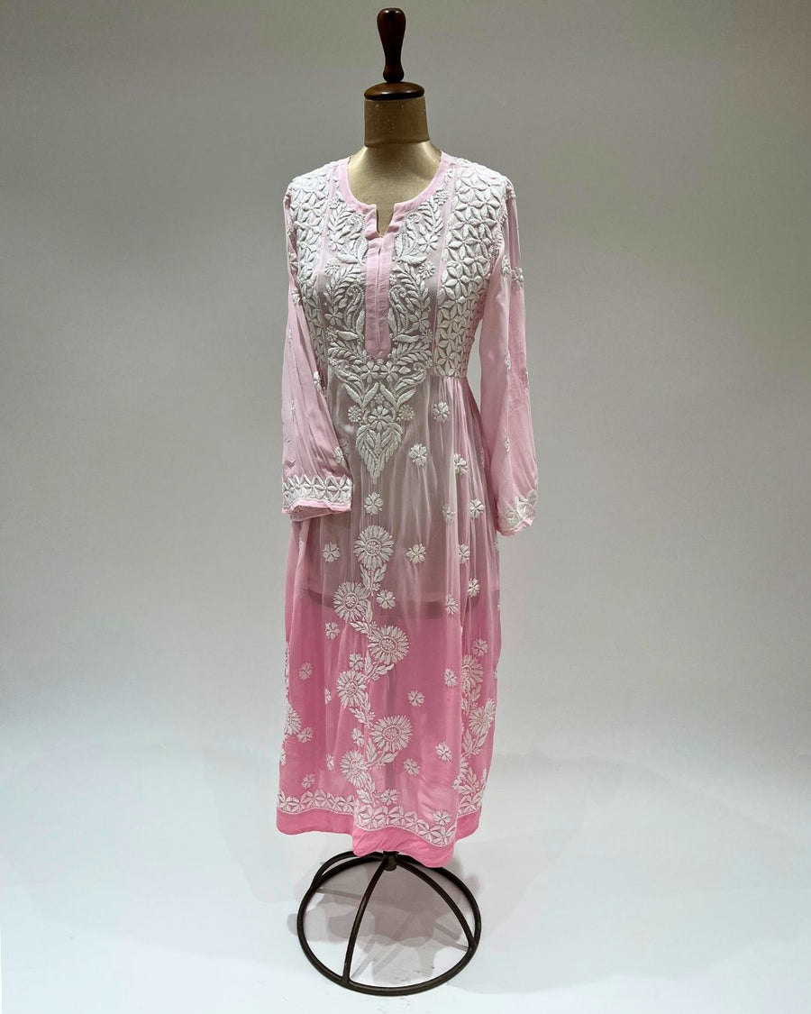 Viscose Anarkali Chikankari Kurta - Bubblegum Pink