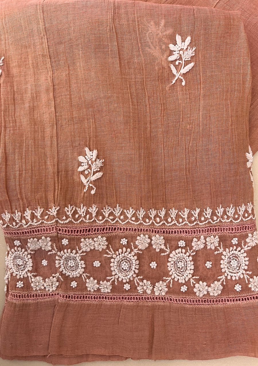 Chikankari Semistitched Tissue Co-ord Set -Caramel Brown