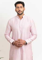 Chanderi Chikankari Men's Kurta - Light Mauve